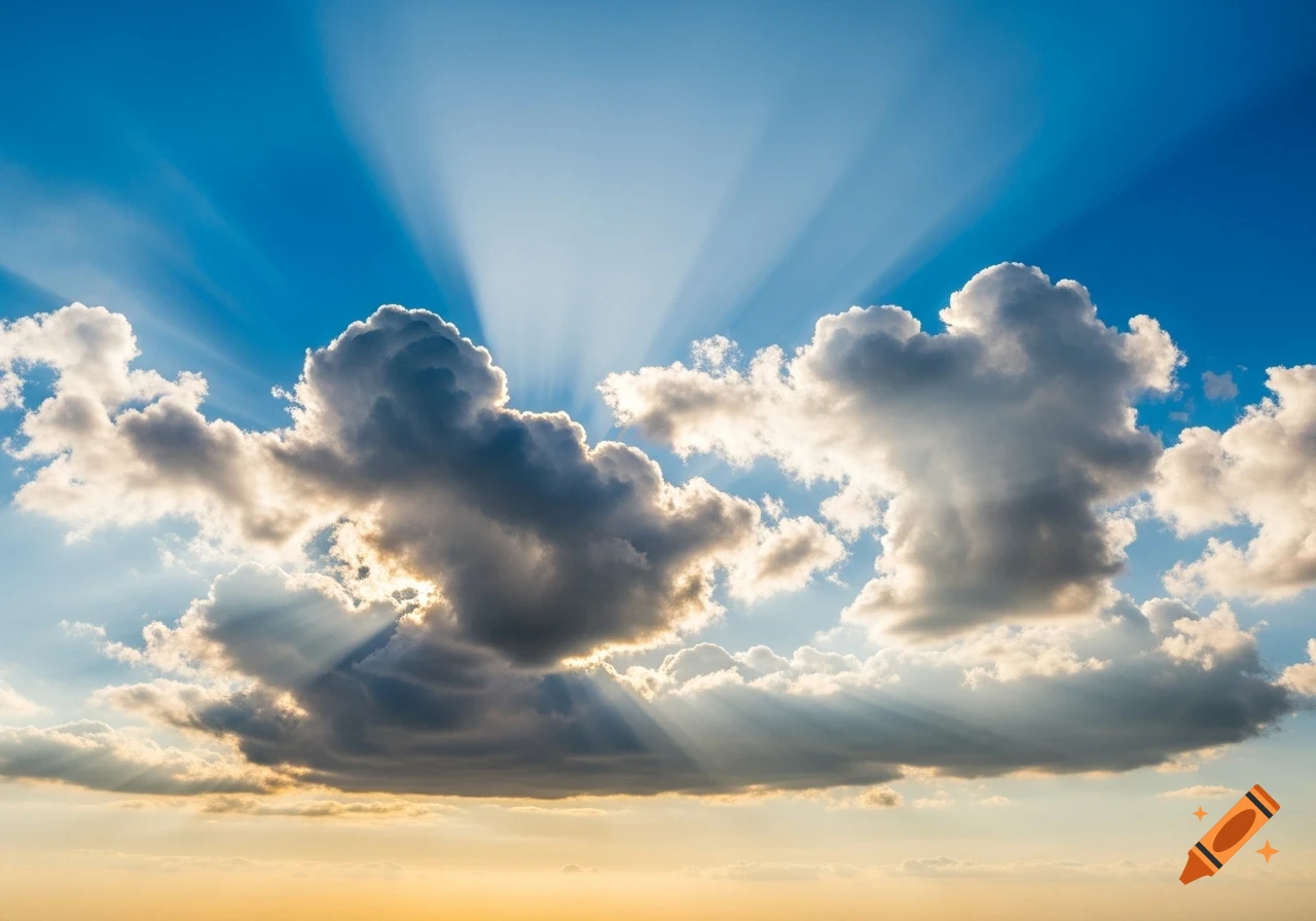 Sunlight beams through dramatic white and grey clouds in a vibrant blue sky, with a warm horizon.