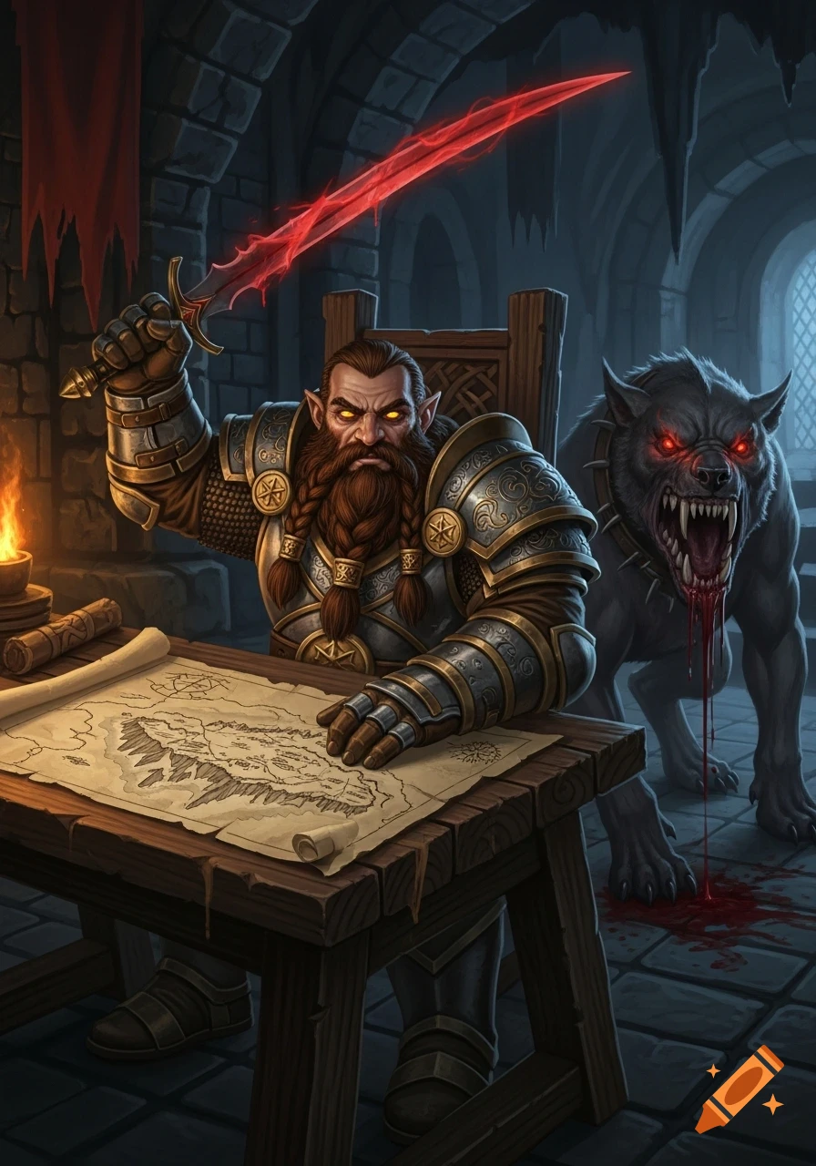 A fierce dwarven chieftain with glowing eyes raises a red saber over a map, plotting his next move, while his menacing death hound with red eyes and dripping blood stands behind him in a dark dungeon.