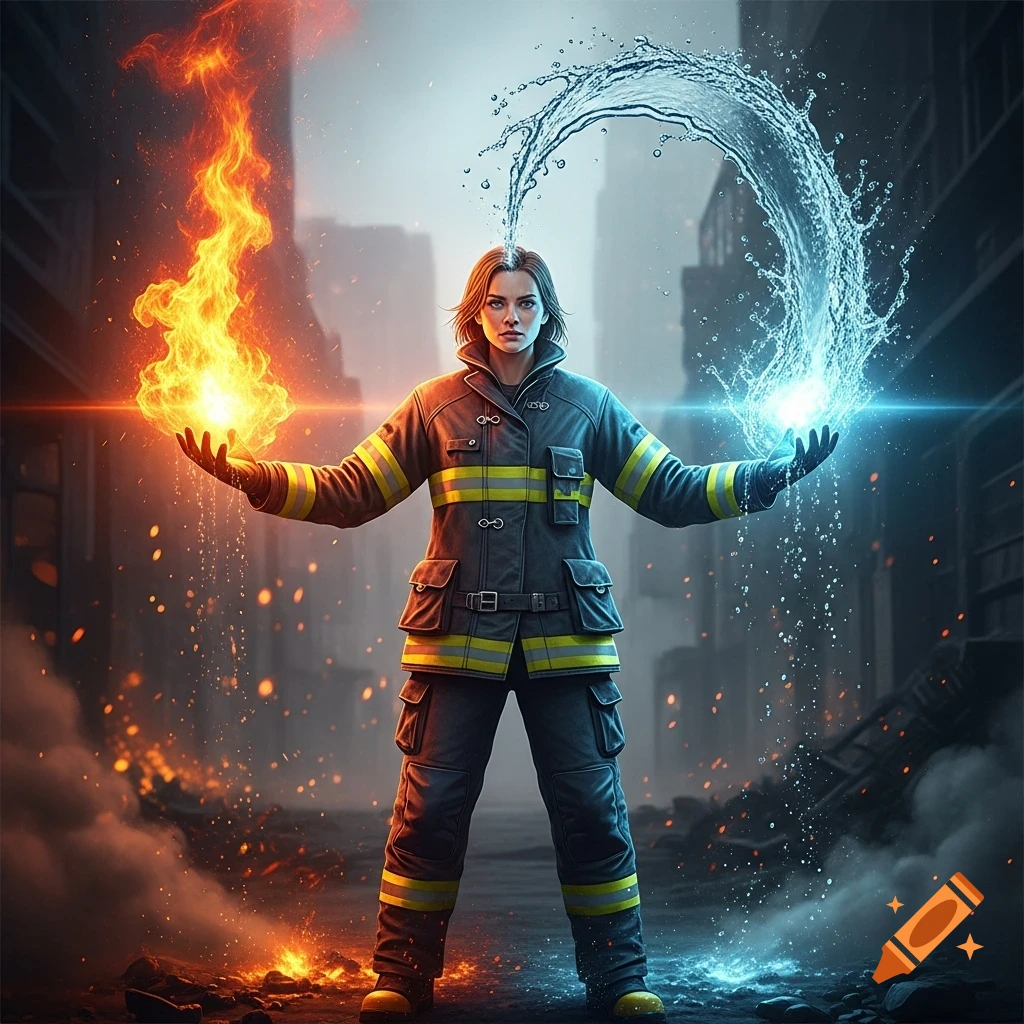 A female firefighter stands in a destroyed cityscape, conjuring fire from one hand and water from the other.