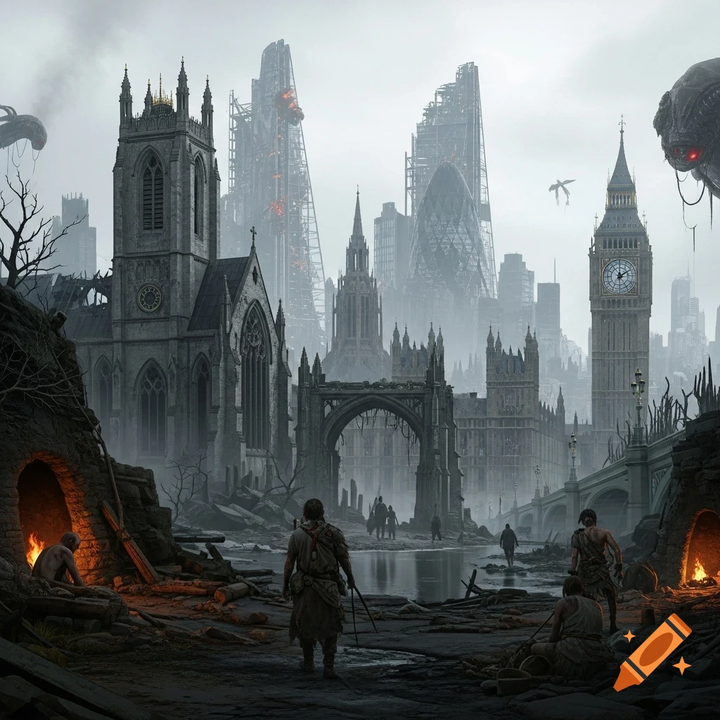 Post Apocalyptic Britain A post-apocalyptic cityscape with ruined London landmarks, including ...