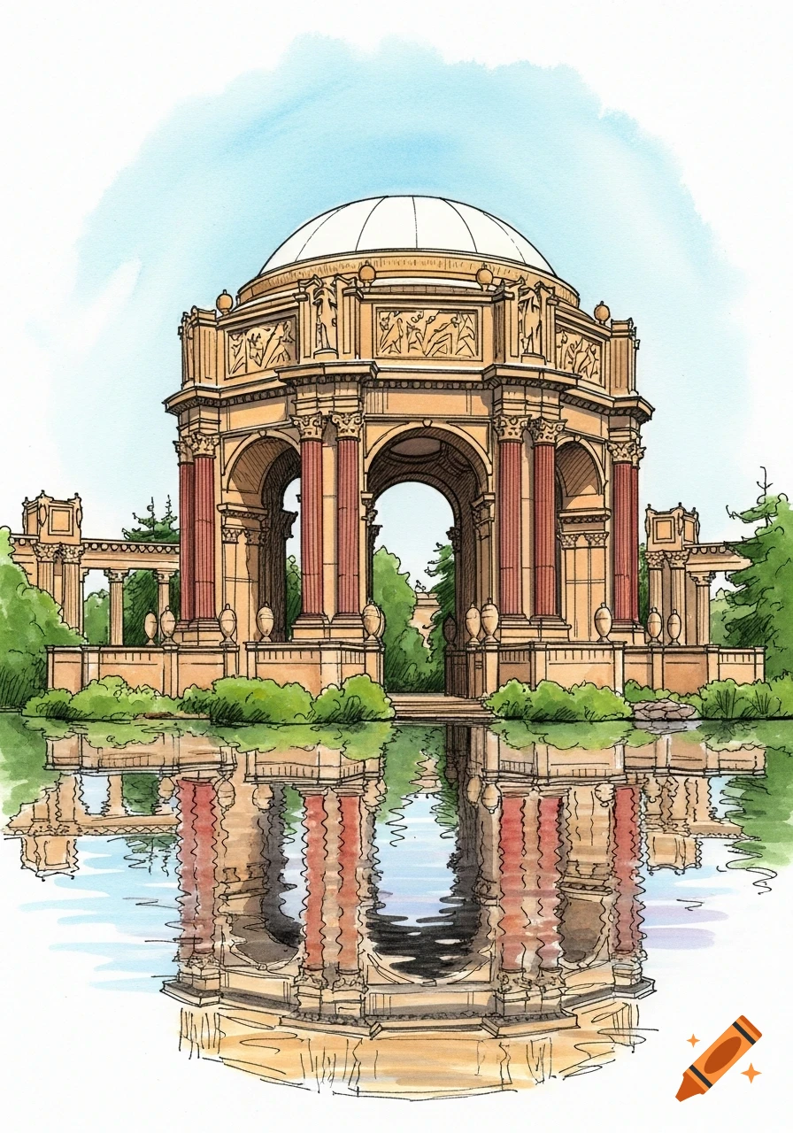 A watercolor illustration of the Palace of Fine Arts reflecting in water under a blue sky, featuring a dome and columns.