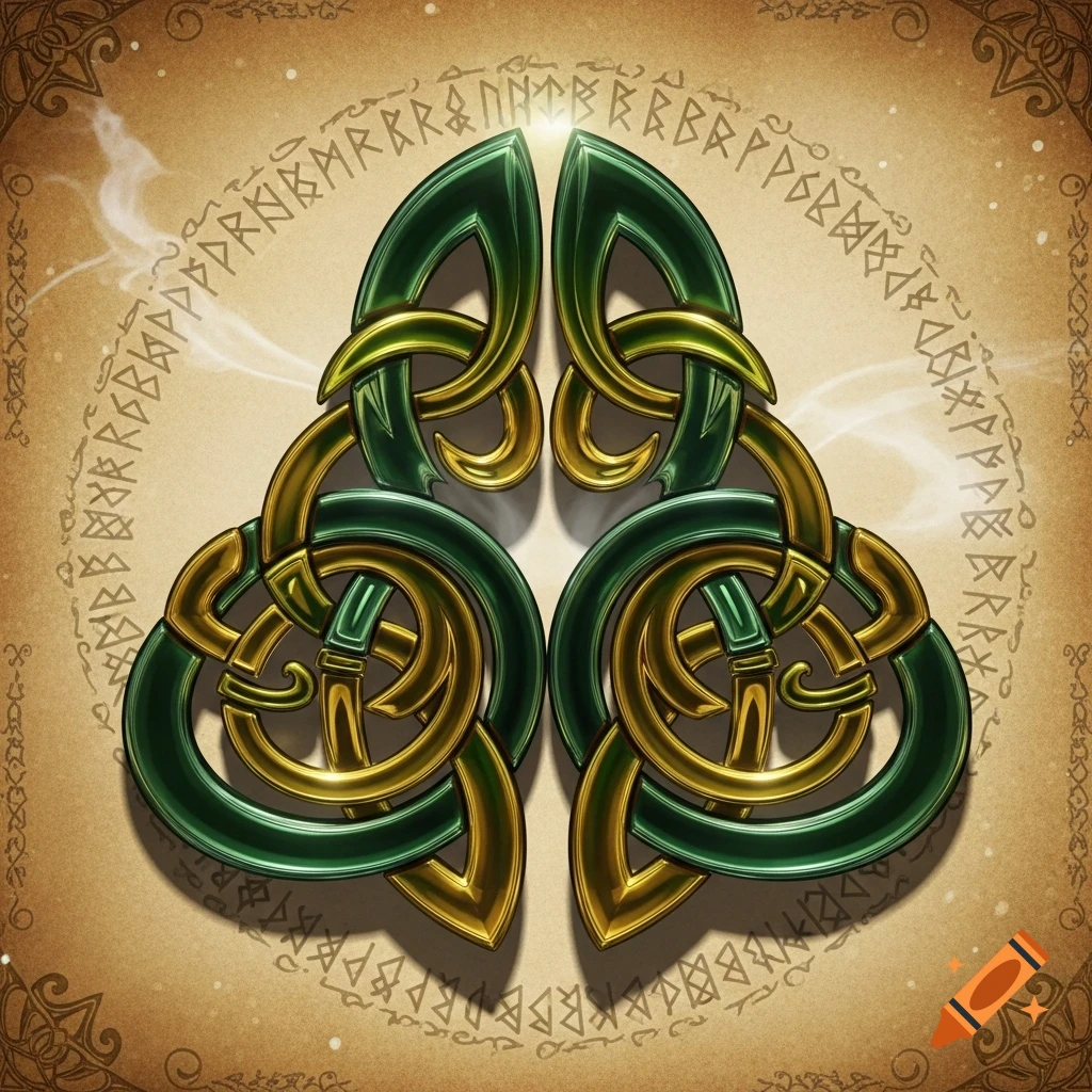 Intricate green and gold Celtic knot design on a textured parchment background with faint decorative symbols.