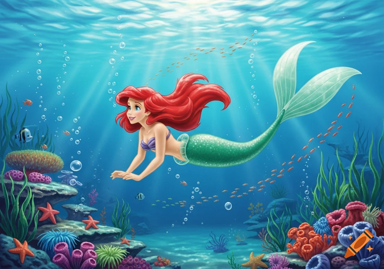 Ariel, a red-haired mermaid with a green tail, swims gracefully in a vibrant underwater scene with colorful coral and fish.