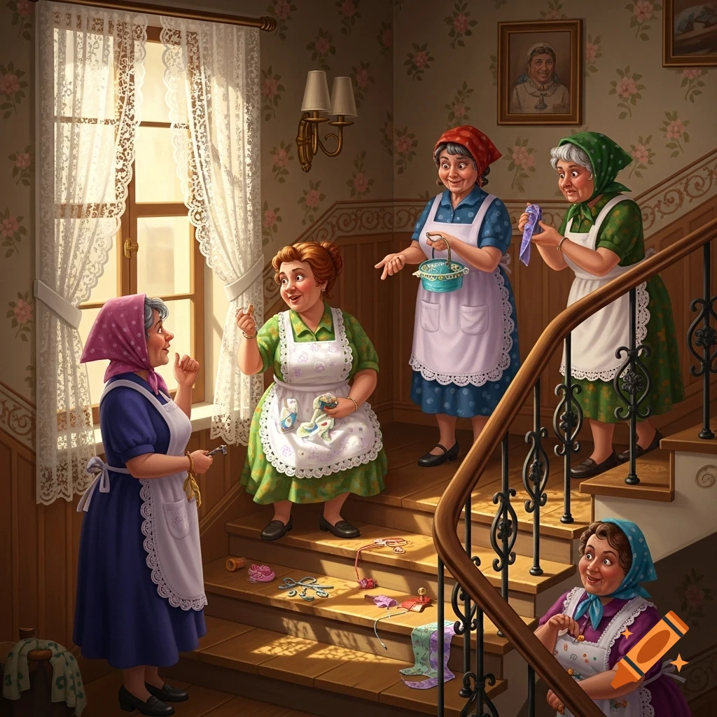 Five women in aprons and headscarves gossip on a home stairwell in a detailed, illustrative style.