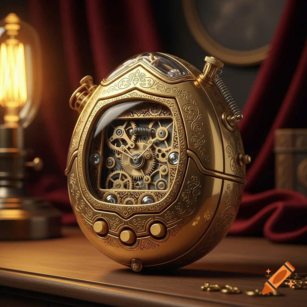 A detailed golden, ornate steampunk-style mechanical device resembling a Tamagotchi, with visible gears and springs, on a wooden table.