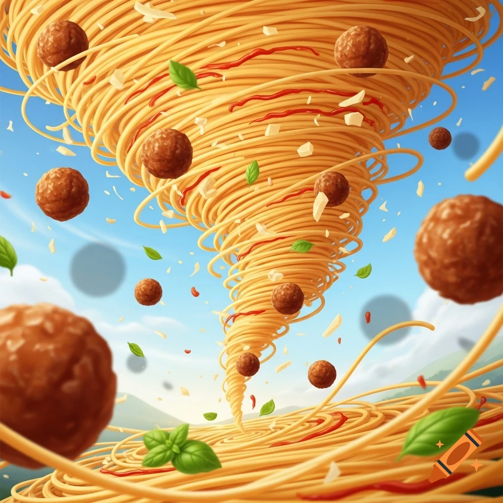 A whimsical spaghetti tornado swirls against a blue sky, filled with flying meatballs, basil leaves, and cheese.