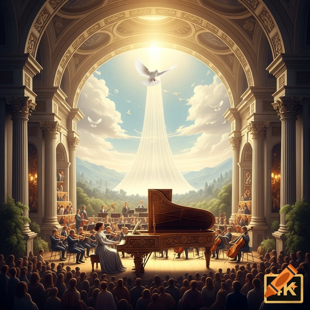 A grand orchestra plays in an ornate classical hall with a pianist at an antique piano, under a sky with a glowing dove.