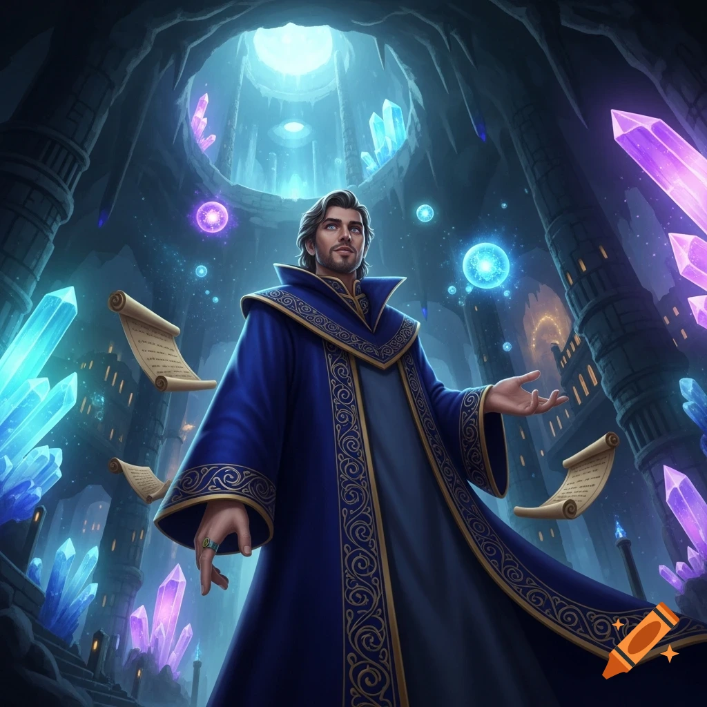 A wizard in a blue and gold robe stands in a glowing crystal cavern, surrounded by floating scrolls.