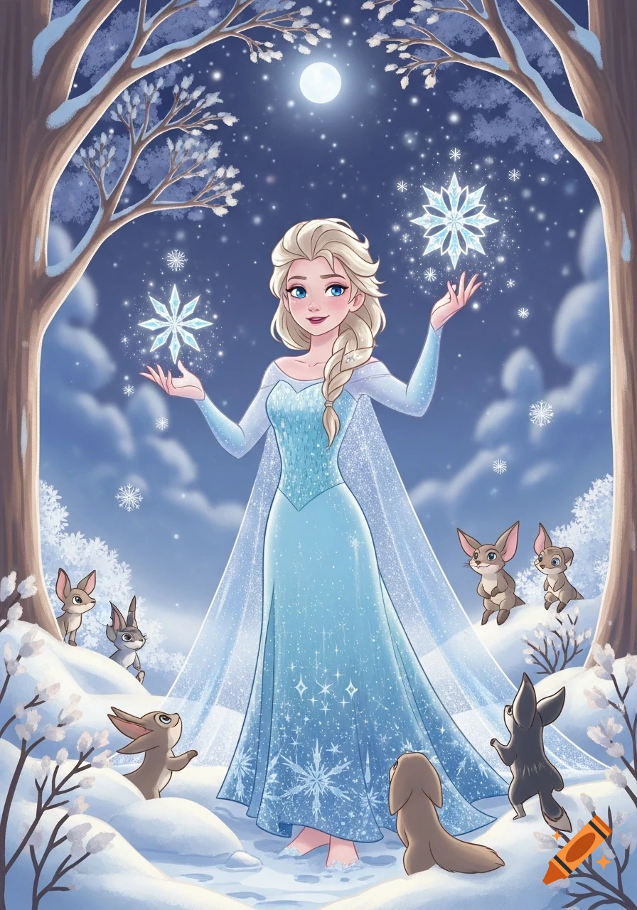 Elsa in a magical snowy forest at night conjuring snowflakes ...