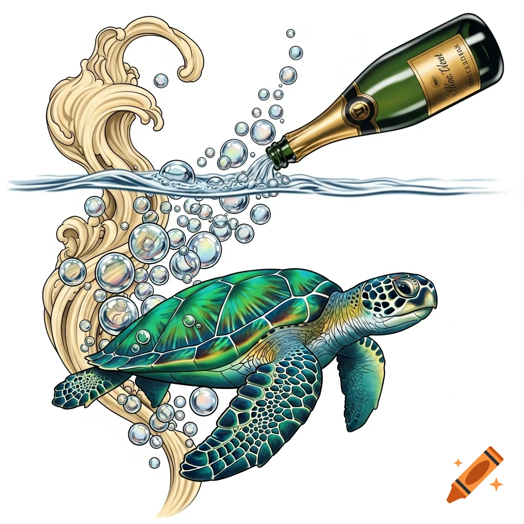 A stylized green sea turtle swims below a champagne bottle pouring bubbles and water, next to a beige wave design.