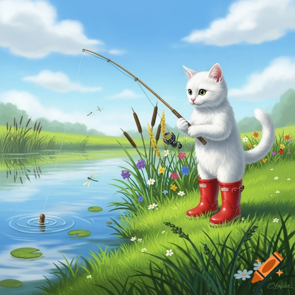 A white cat in red wellington boots fishes by a pond surrounded by green grass and colorful flowers under a blue sky.