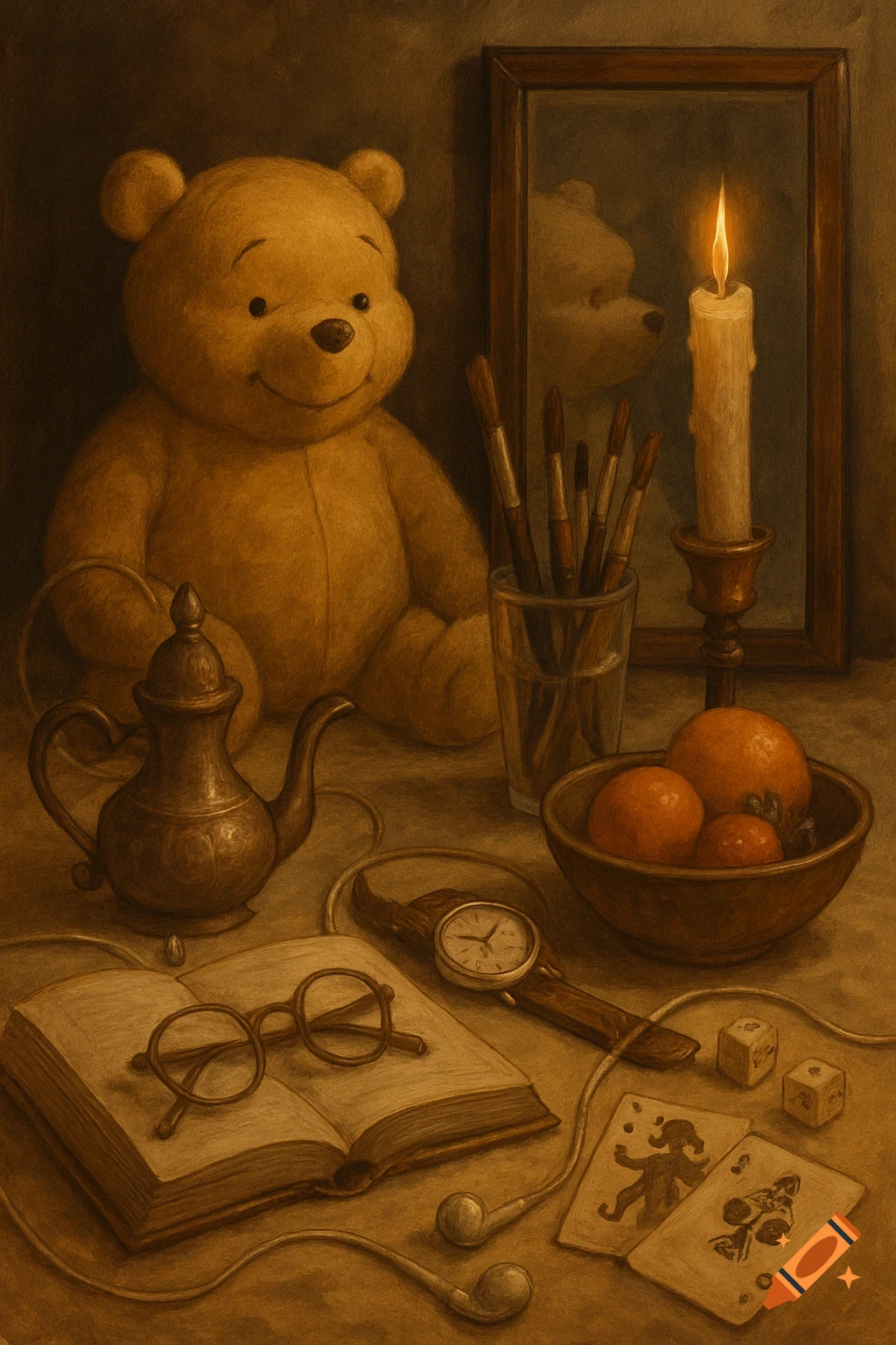Sepia-toned still life painting of Winnie the Pooh teddy bear, candle, open book, teapot, fruit, and various objects.