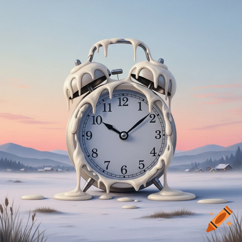 A surreal alarm clock covered in melting white liquid stands in a snowy winter landscape with mountains and a colorful sky.