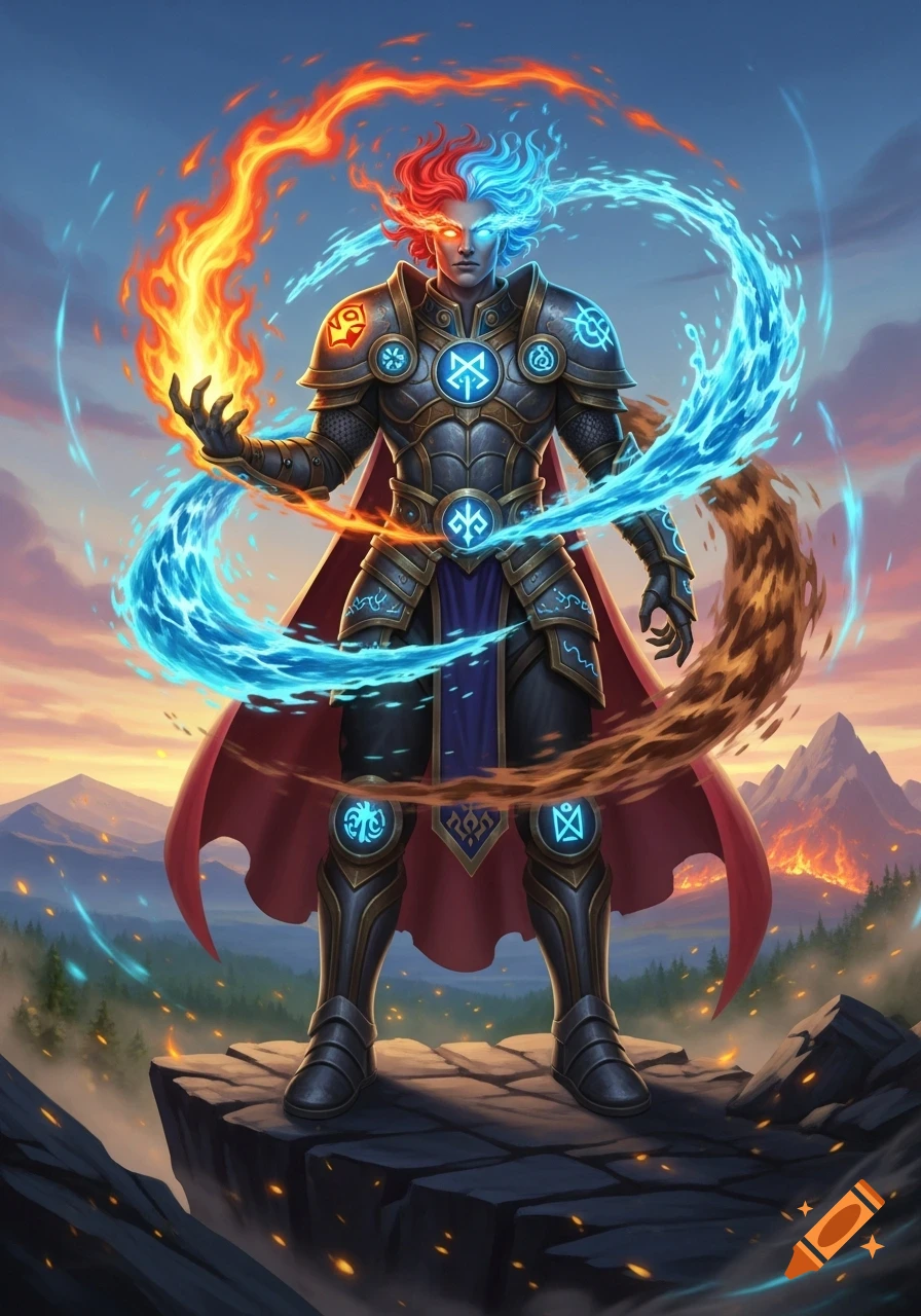 A powerful elemental hero, half fire and half water, stands on a cliff at sunset, controlling the elements.