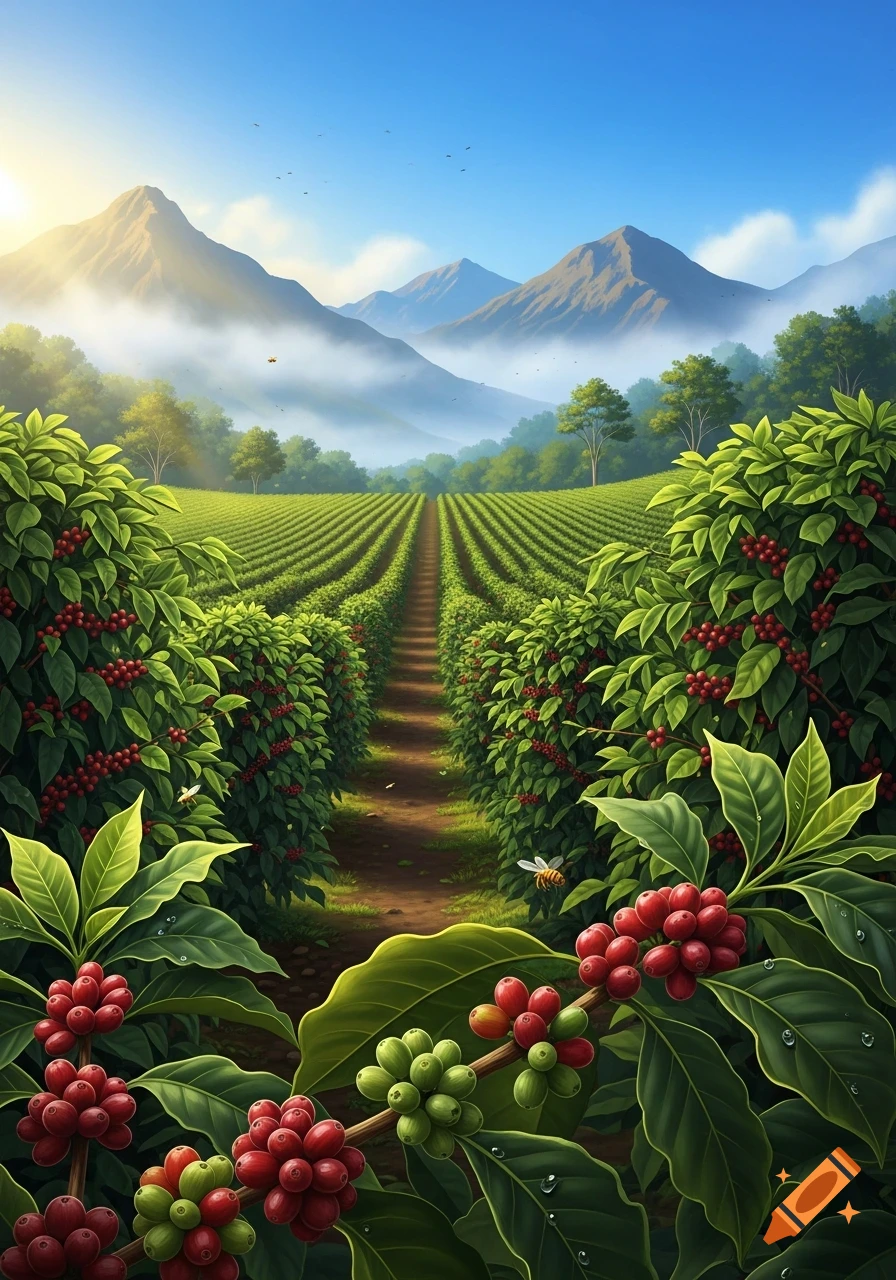 A vibrant, stylized view of a coffee farm with rows of plants laden with red and green coffee berries, a path leading to misty mountains under a bright sky.