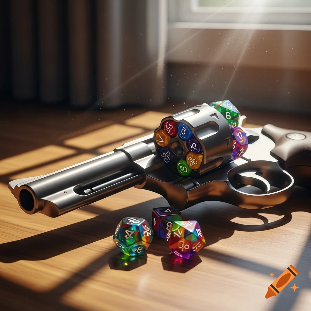 A silver revolver loaded with colorful polyhedral dice instead of bullets, with more dice scattered on a wooden table, illuminated by sunlight.