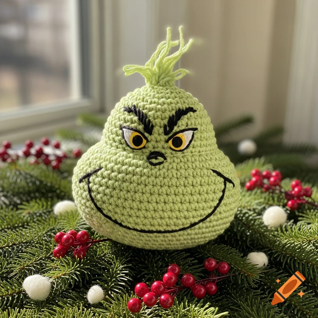 A light green crochet Grinch plush toy with embroidered eyes and smile, on evergreen branches with red berries.