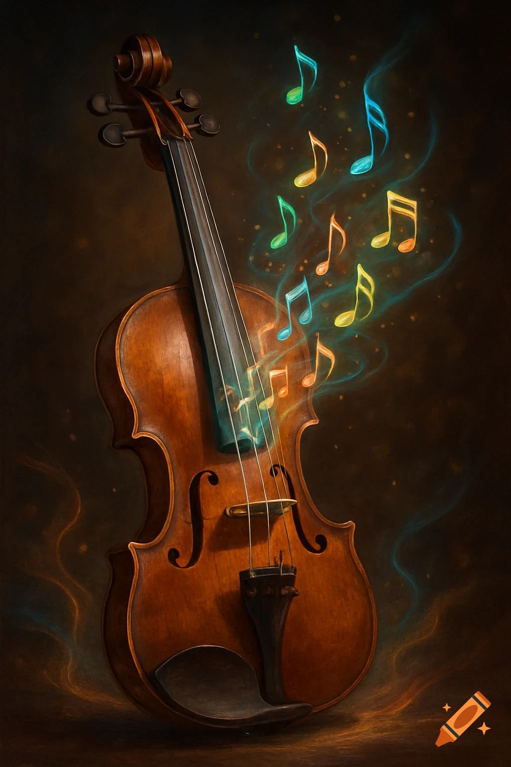 A close-up of a wooden violin with colorful, glowing musical notes emerging from its strings and floating upwards against a dark, textured background.