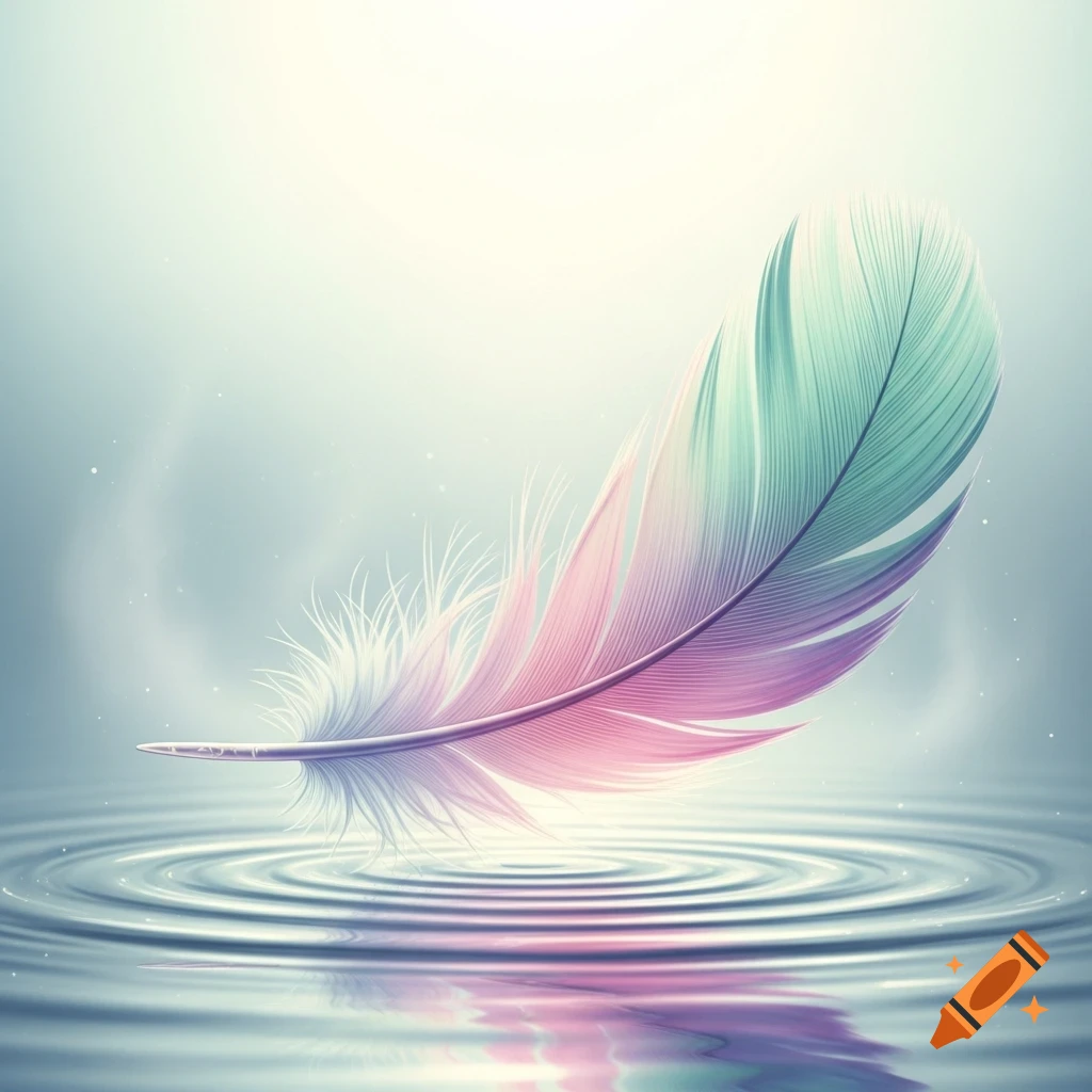 A pastel pink, purple, and teal feather gently touches the surface of calm water, creating soft ripples and reflections.