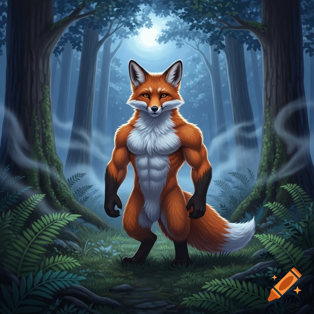 A muscular fox humanoid with orange and white fur stands in a moonlit forest.