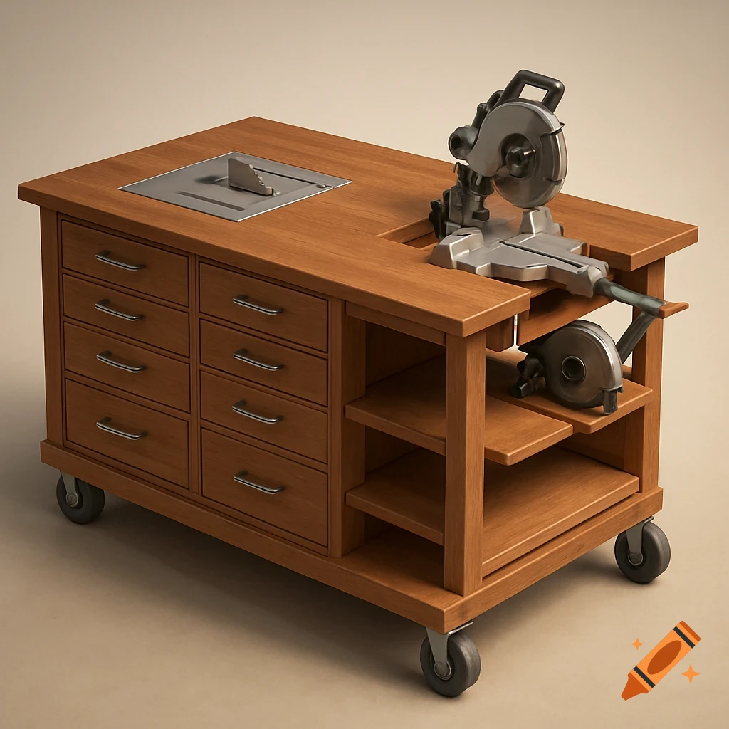 A photorealistic 3D render of a wooden mobile workbench with drawers, shelves, an integrated table saw, and a miter saw.