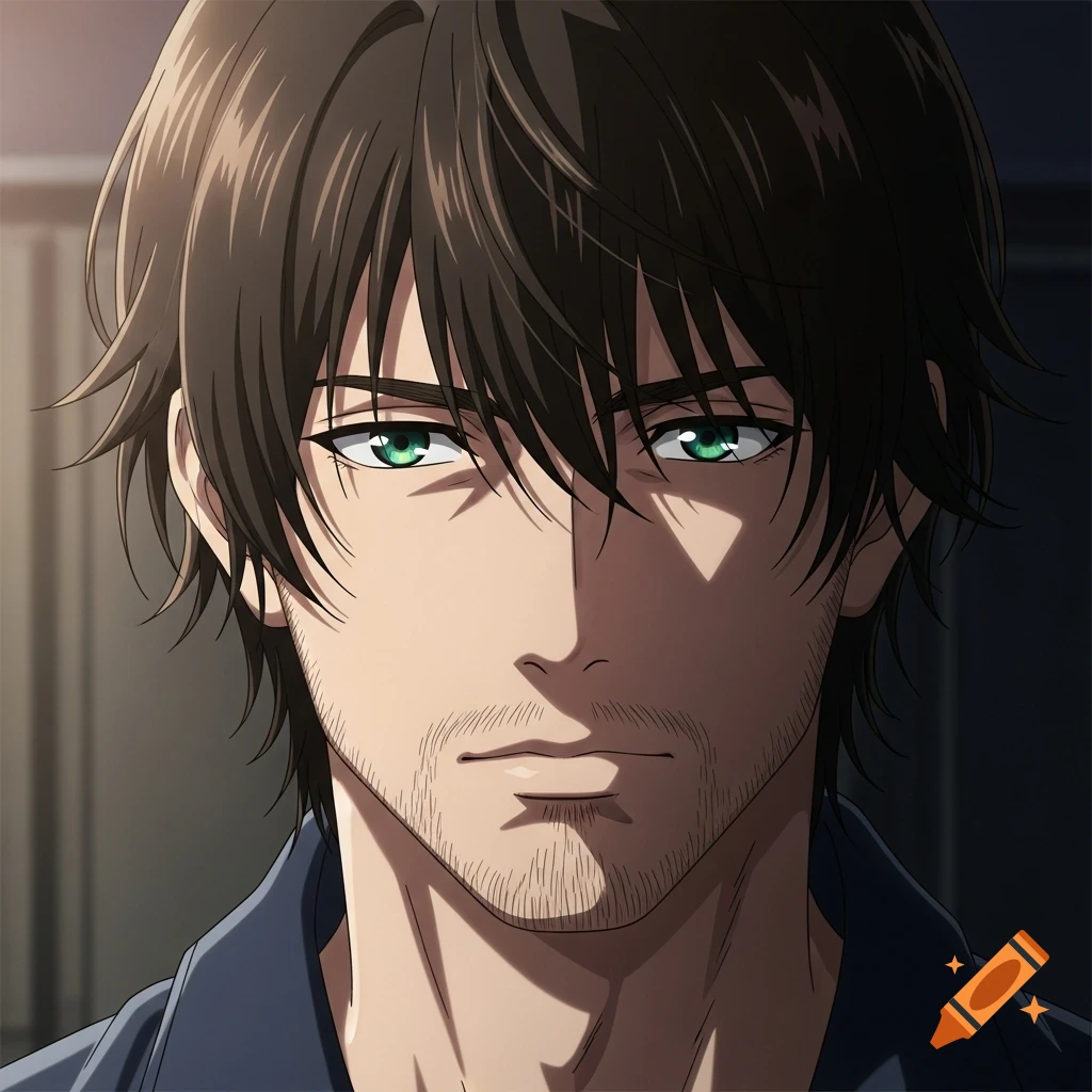 Close-up anime portrait of a man with dark brown shaggy hair, green eyes, and a 5 o'clock shadow.