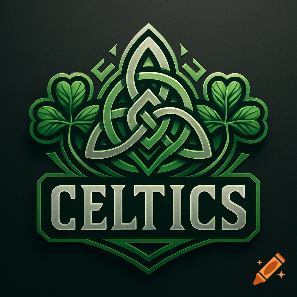 A stylized green and silver logo featuring a prominent Celtic knot, two shamrocks, and the word "CELTICS" in bold letters.