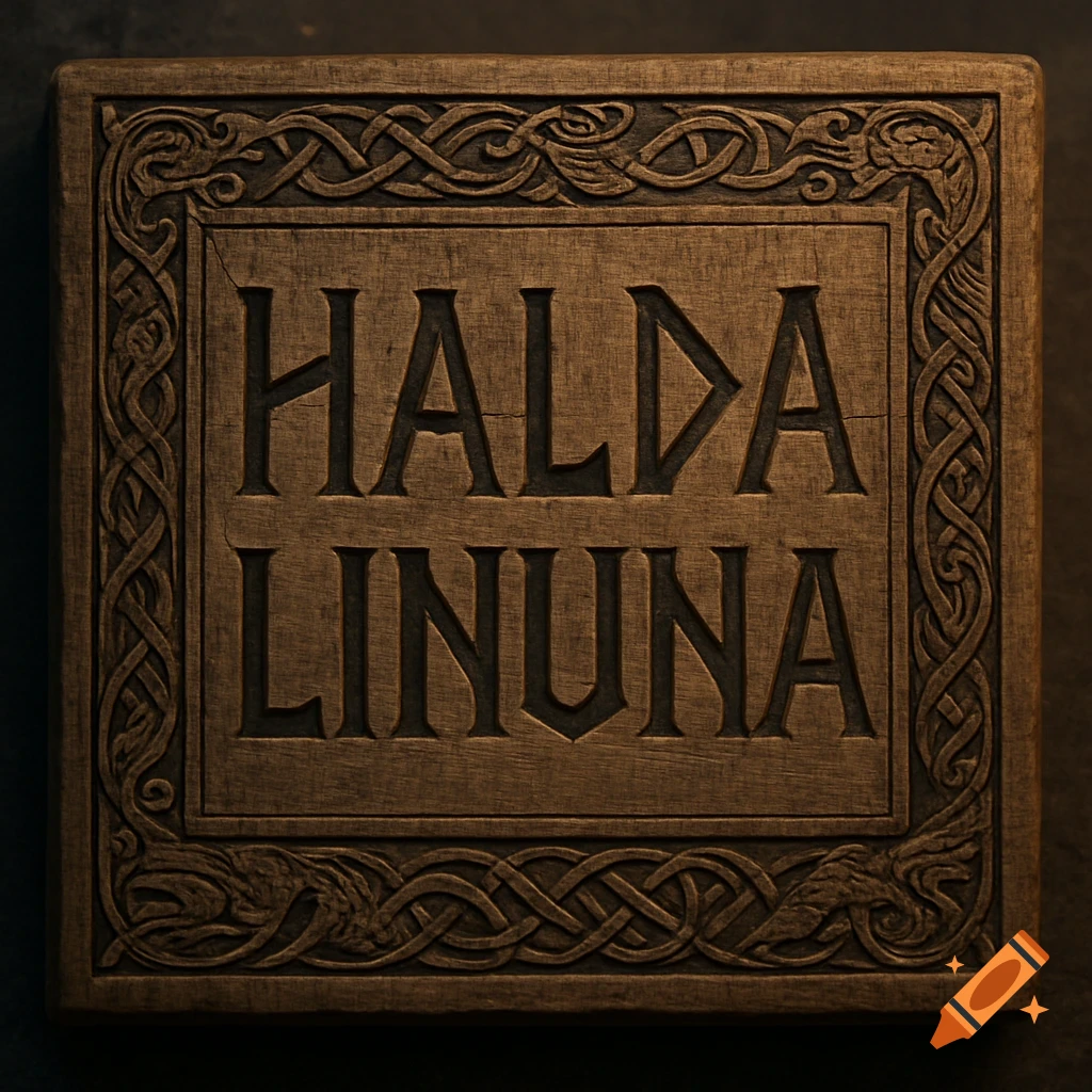 A carved wooden sign featuring the words HALDA LINUNA, framed by intricate Old Norse style Celtic knotwork.