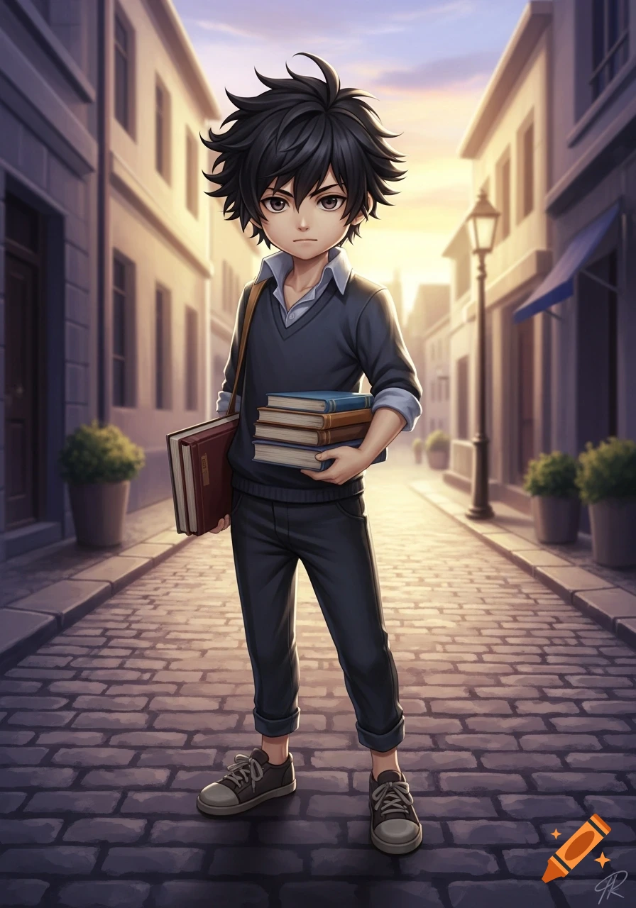 A young anime boy with messy black hair, wearing a dark blue sweater and pants, stands on a cobblestone street holding books.