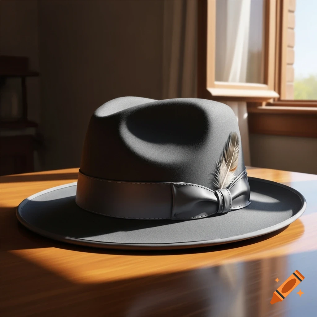 A grey fedora hat with a feather and a dark leather band sits on a wooden table, partially illuminated by sunlight from a nearby window.