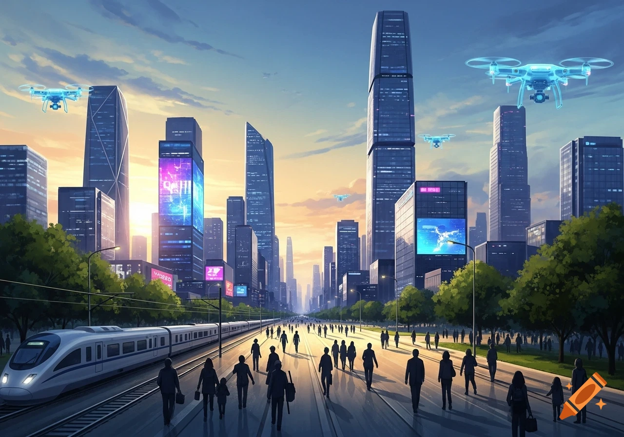 A vibrant, futuristic cityscape at dawn or dusk, with a bullet train, numerous people walking, and multiple glowing drones flying between tall skyscrapers.