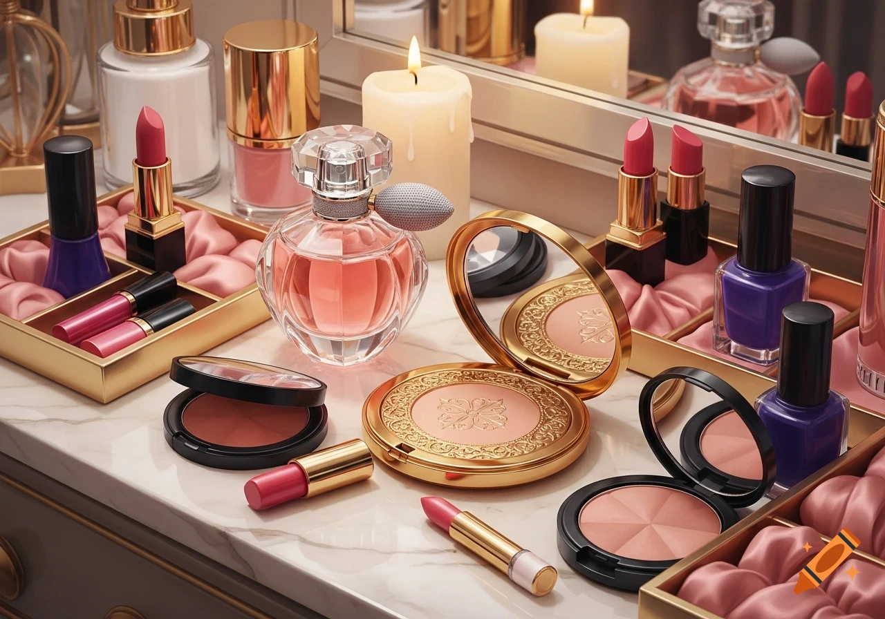 A photorealistic still life of various beauty products, including perfume, lipsticks, nail polish, and compacts on a marble vanity.