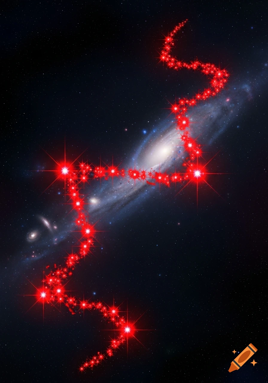 A winding, chaotic line of bright red stars glows against a dark starry background with a distant spiral galaxy.