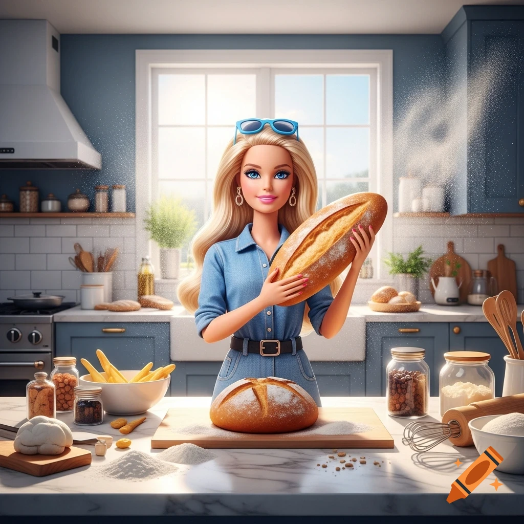 A Barbie doll in a blue denim outfit holds a long loaf of bread in a bright, modern kitchen filled with baking supplies.