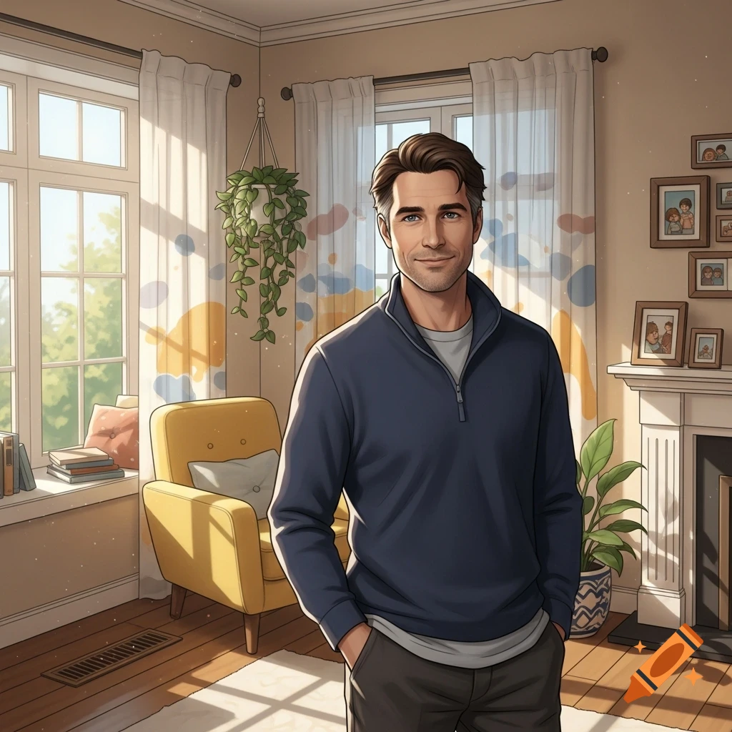 A smiling man with brown hair stands in a cozy, stylized living room with a window, yellow armchair, and fireplace.