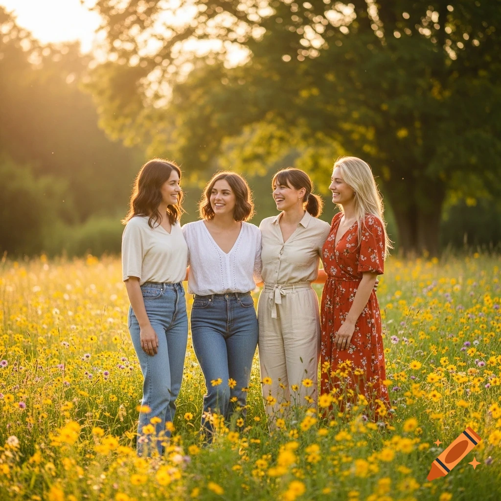 Four smiling women, three brunettes and one blonde, stand together in a sunny field of yellow wildflowers.
