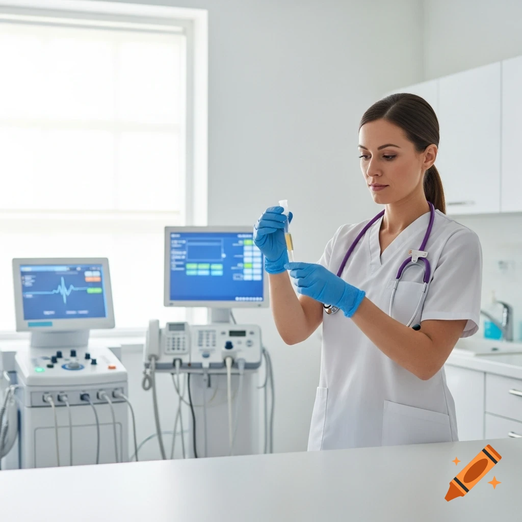 Photorealistic female nurse in blue gloves holding a test tube with yellowish liquid in a clean medical lab.
