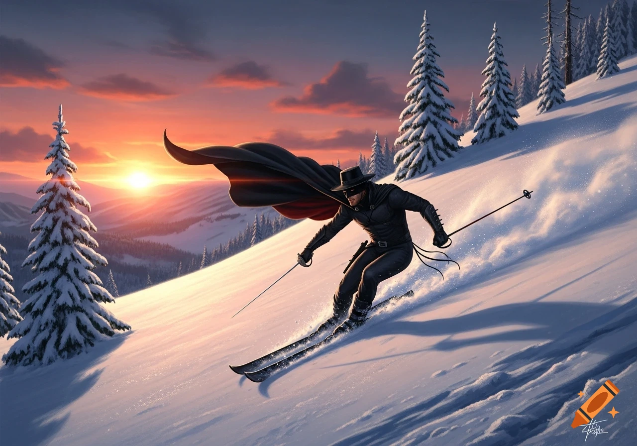 Zorro skis down a snowy mountain at sunset, wearing his black cape and holding a sword.