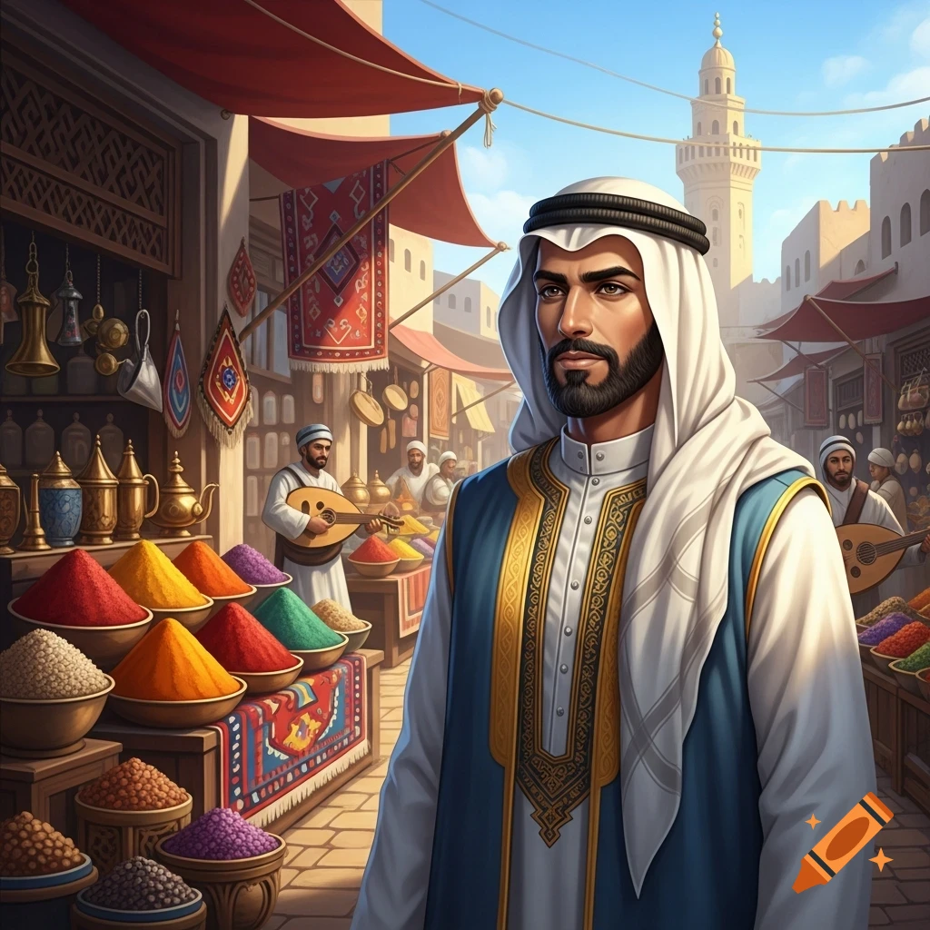 A Middle Eastern man in traditional attire stands in a bustling spice market under a clear sky.