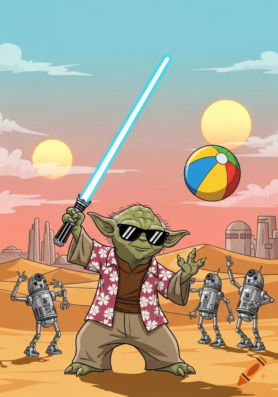 Cartoon Yoda in sunglasses and Hawaiian shirt, holding a lightsaber, with dancing droids on a desert planet with two suns and a beach ball.