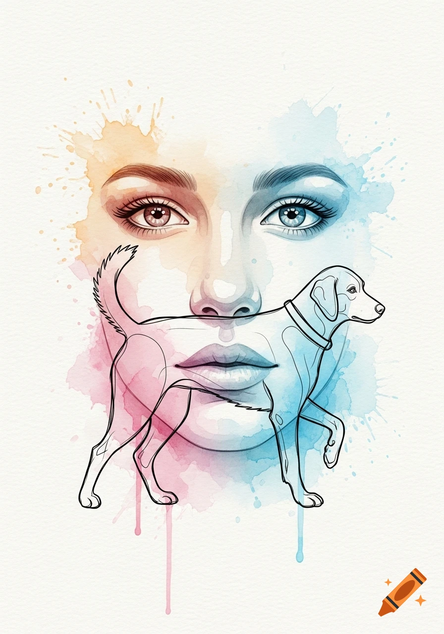 Watercolor portrait of a woman's face with a line art dog overlapping, featuring orange, pink, and blue hues.