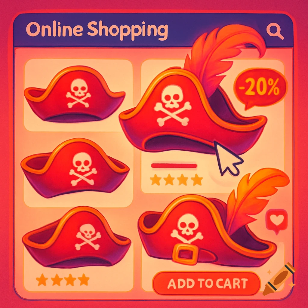 A cartoon online shopping screen showing red pirate hats with skull and crossbones, one with a feather and a -20% discount.