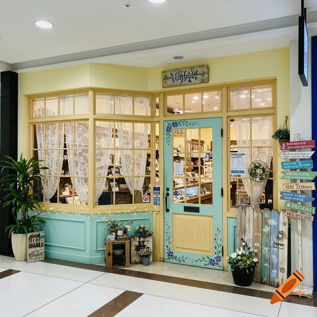An artsy, cottage-style storefront in a mall, featuring a light teal door with purple floral accents, yellow walls, and decorative wooden signs with illegible text.