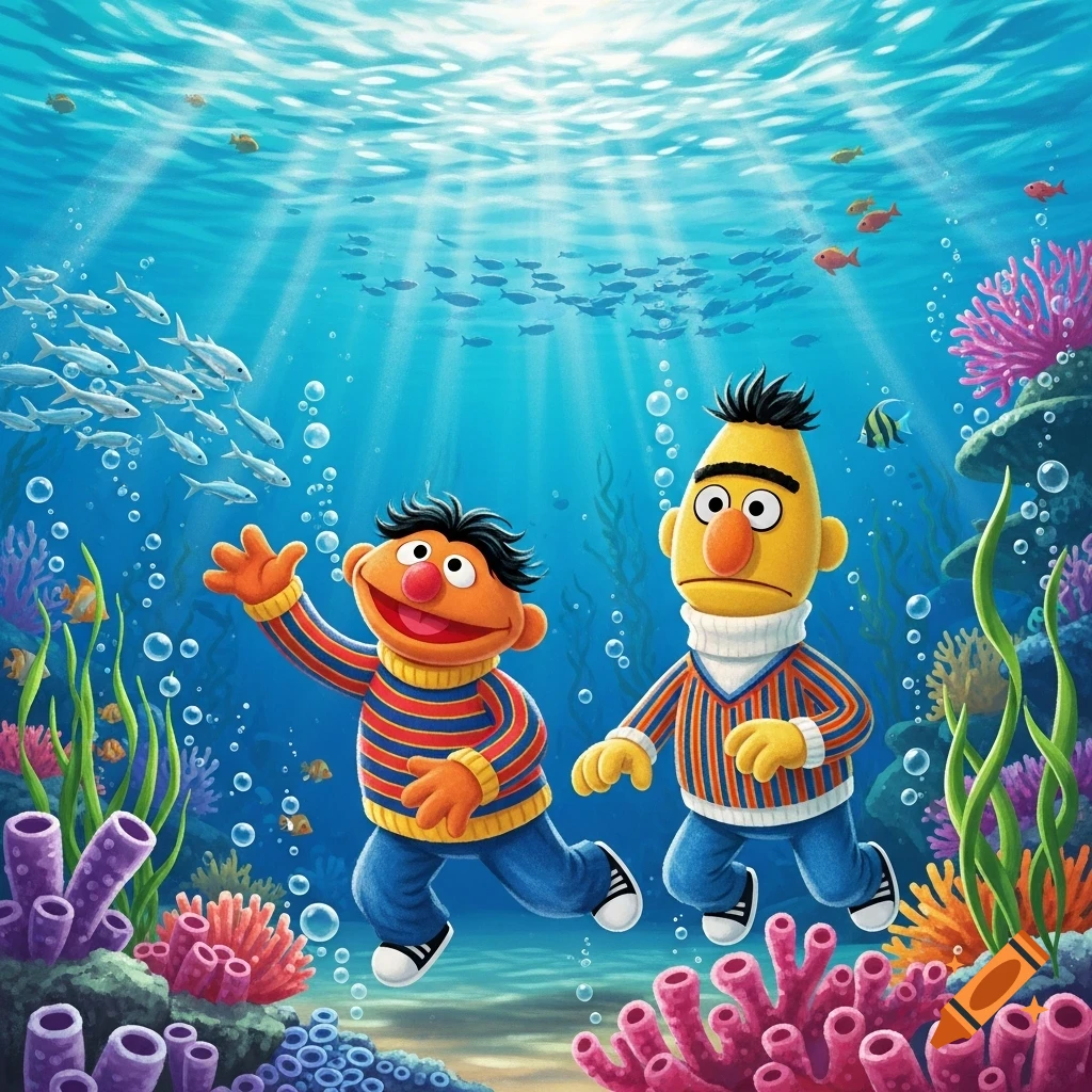 Ernie and Bert from Sesame Street joyfully swim underwater among colorful coral and schools of fish in a vibrant illustration.