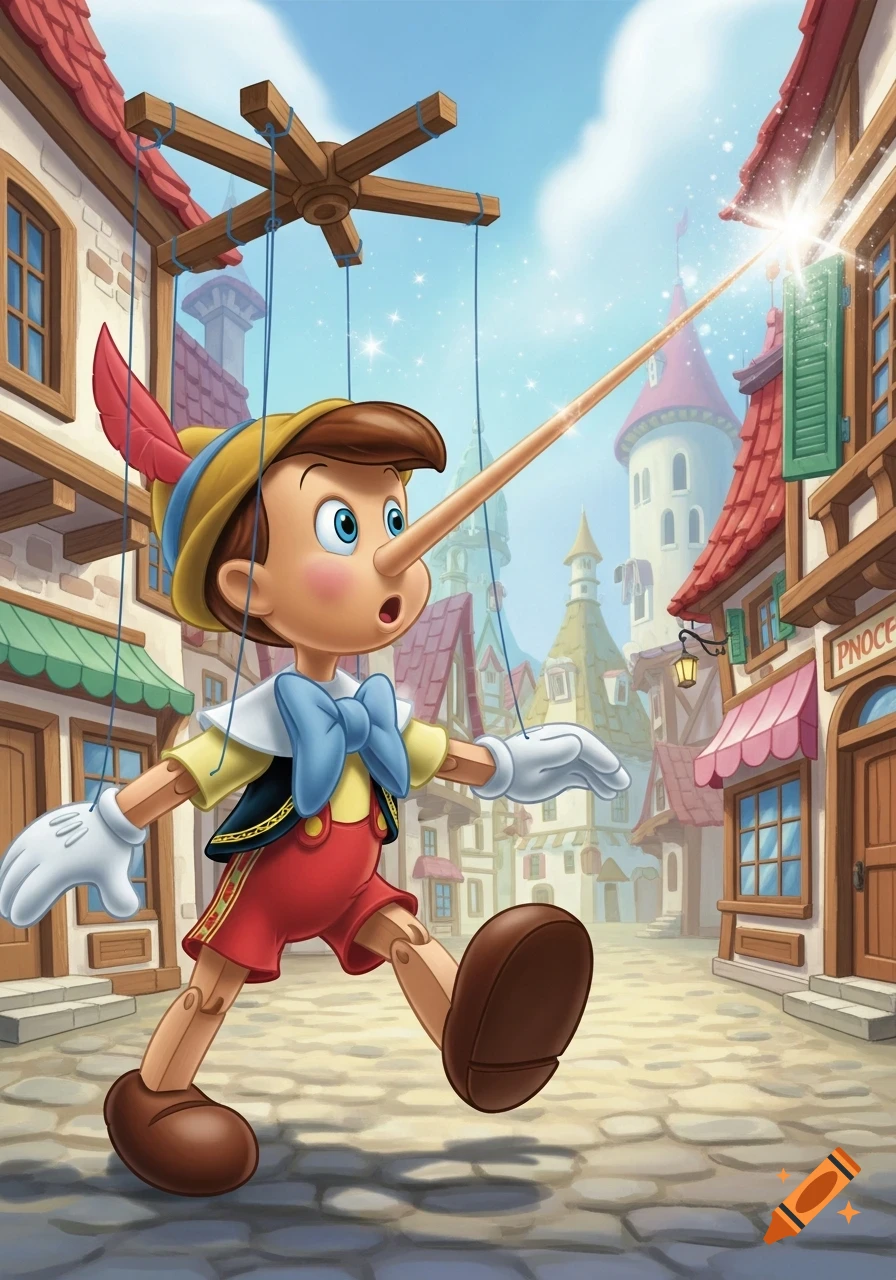 Pinocchio, a wooden puppet, has an extremely long nose that stretches across a vibrant cartoon village street, its tip glowing.