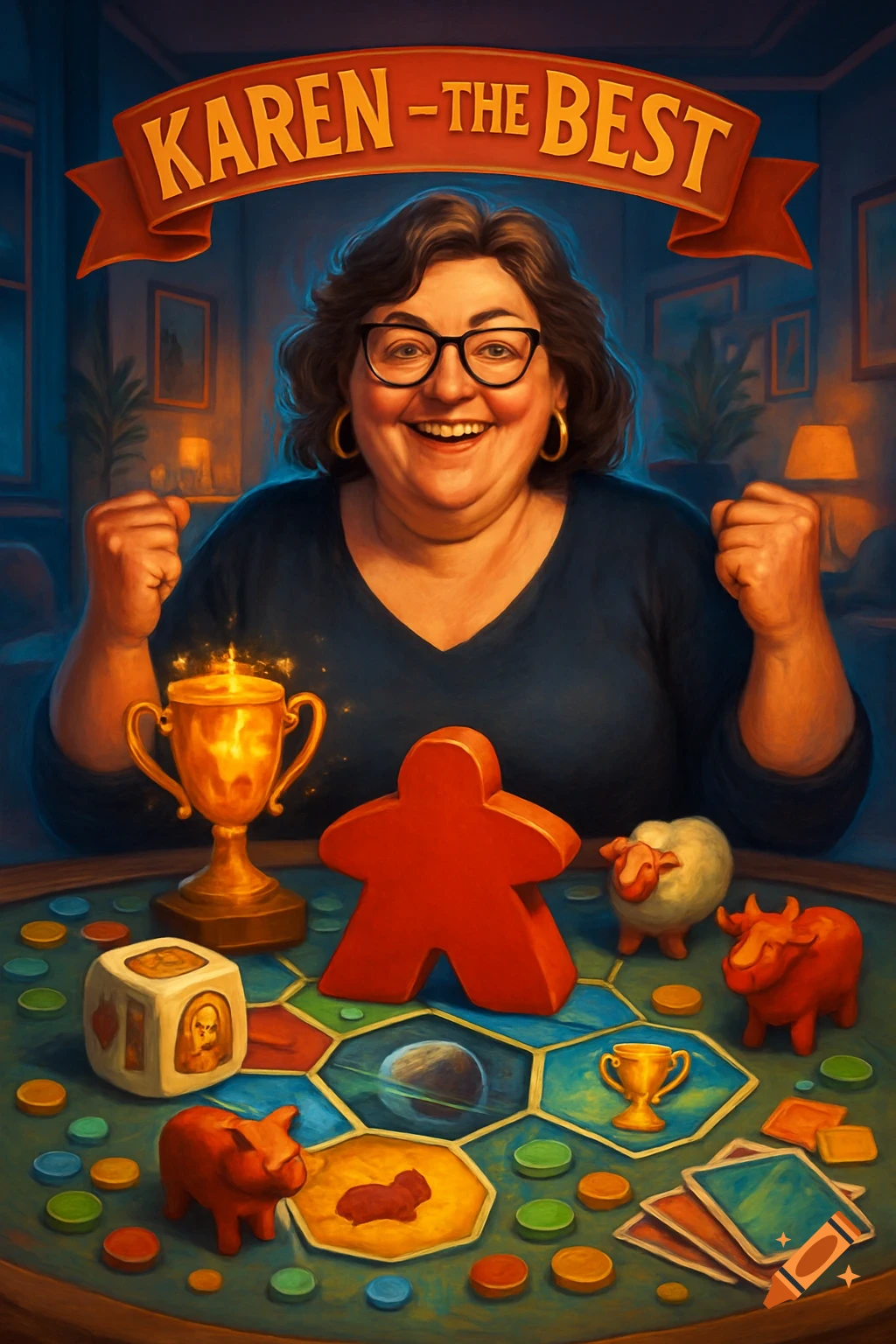 Jubilant woman with glasses behind a board game table with meeples, trophy, and 'KAREN - THE BEST' banner, digital painting.