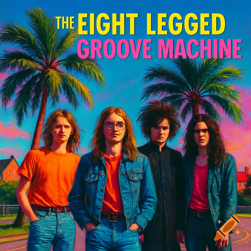Four young men with long 80s hair, one in glasses, under palm trees, with text 'THE EIGHT LEGGED GROOVE MACHINE' above.