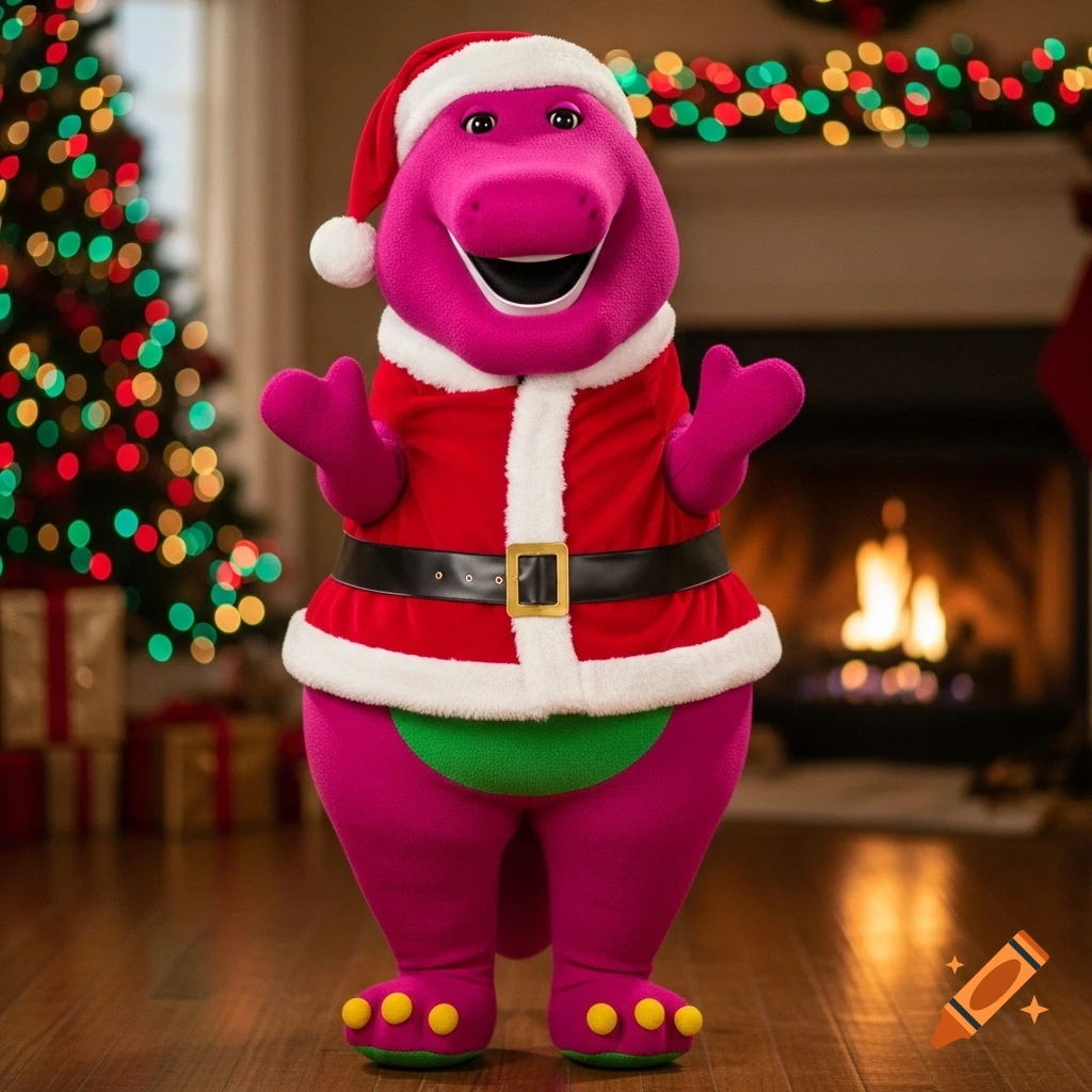 Photorealistic Barney the dinosaur wearing a Santa suit stands in a festive living room with a Christmas tree and fireplace.