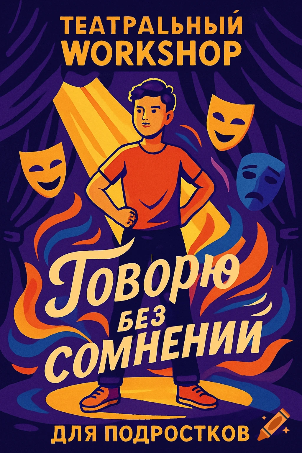 Vibrant illustration of a confident boy on a stage with theater masks and Russian text for a theatrical workshop.
