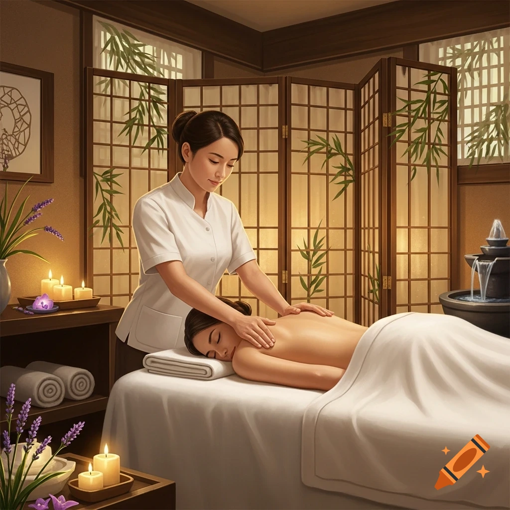 A woman receives a back massage in a serene, candlelit spa room with lavender and a water feature.